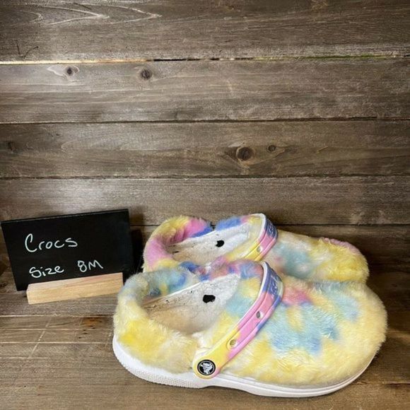Womens Crocs Fur Sure Fuzzy Furry Colorful Clogs‎ Mules Shoes Size 8 GUC - Picture 1 of 6